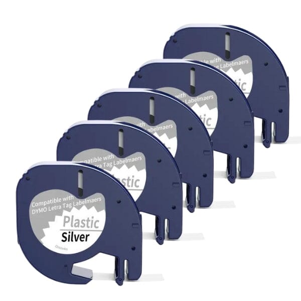 5 stk. Dymo 91208 sort på sølv/metallic 12 mm tape – S0721730 - Kompatibel