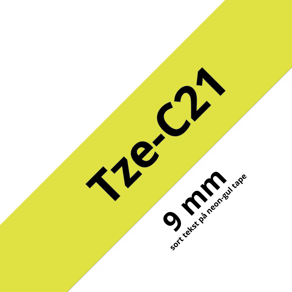 Brother TZe-C21 Tape Sort tekst på neon-gul tape – 9mm x 8m – Uoriginal